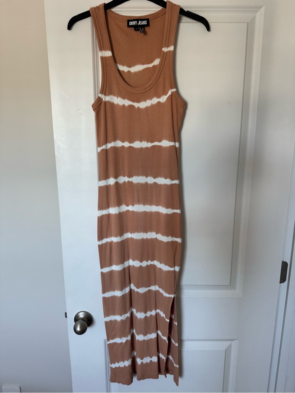 DKNY Tan & White Striped Tank Maxi Dress
